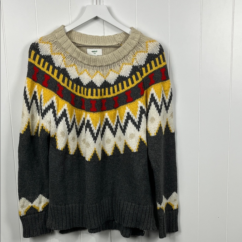 Aerie Womens Pullover Sweater M Yellow Gray White Fair Isle Style Nordic OS EUC